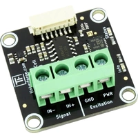 Lastmessverstärker für Arduino-Projekte: schwarzes PCB-Board mit grünen Klemmen und weißem Anschluss oben, etwa 3x3 cm.